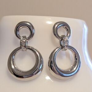 Silvertone Studback Hoop Earrings with Crystal Accents
